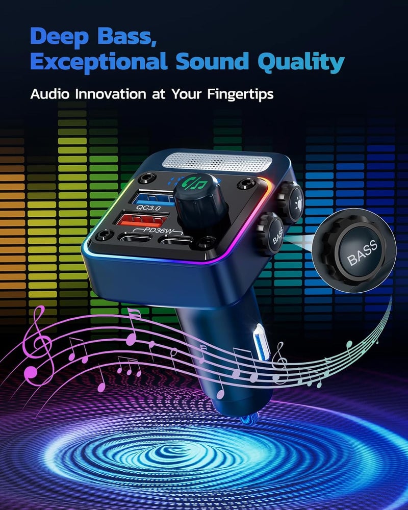 nulaxy 54W Bluetooth 5.3 Car Adapter with 4 Charging Ports [PD 36W & QC3.0 18W], Wireless Radio FM Transmitter with Deep Bass Player & 5 Colors LED Backlit, Hands-Free Calling - Blue - Image 4